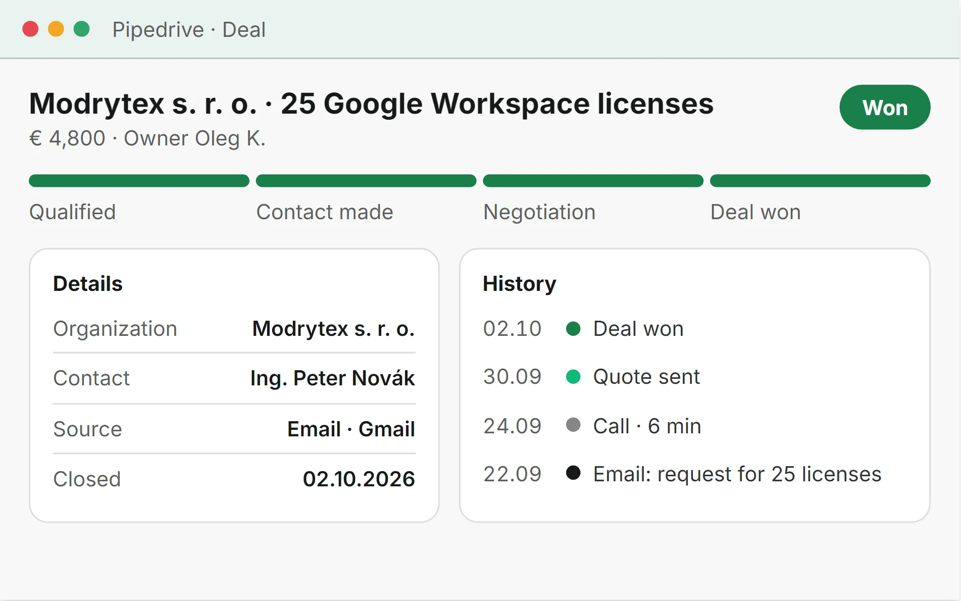 Stylized illustration: a Pipedrive deal card, Modrytex s. r. o., 25 Google Workspace licenses, €4,800, deal won on October 2