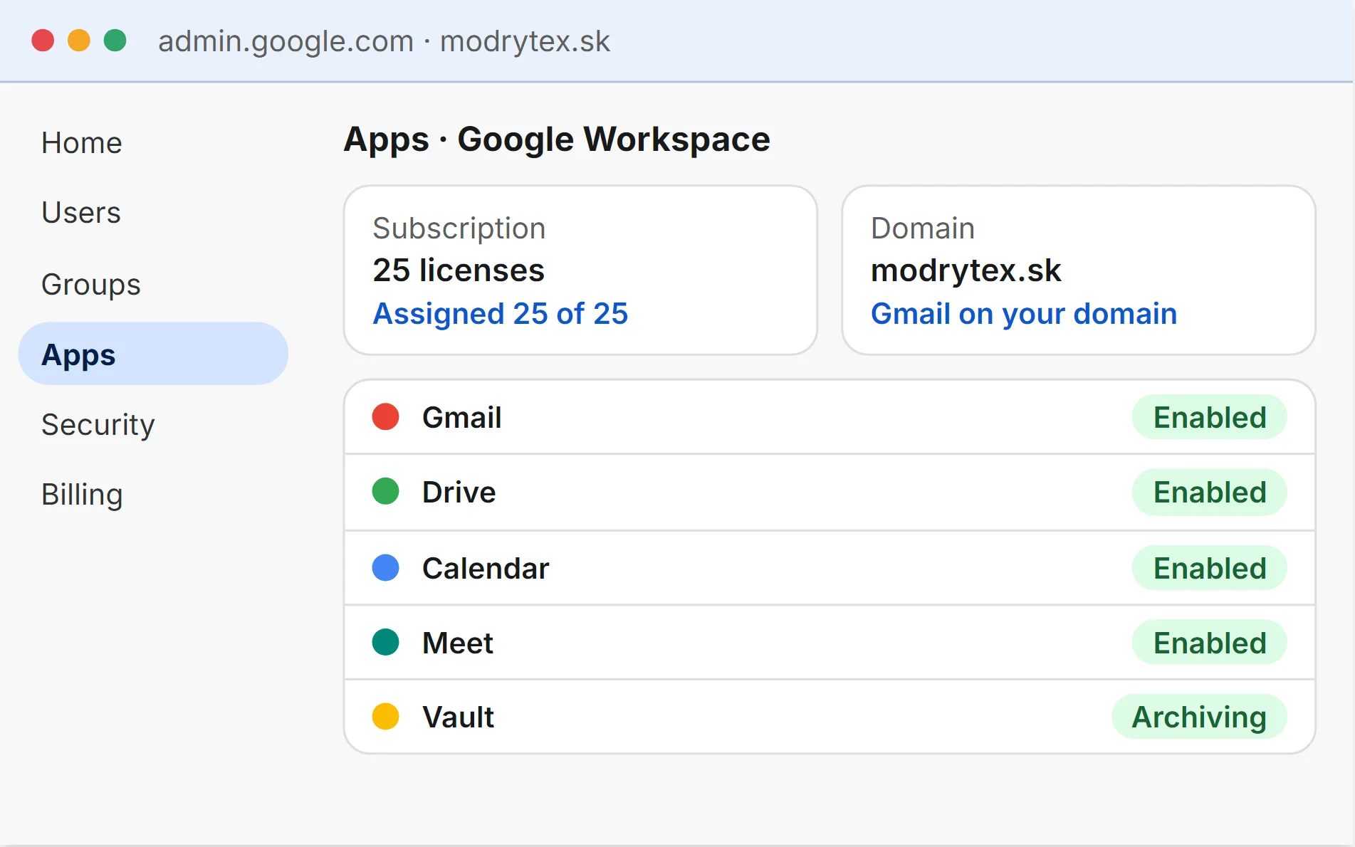 Stylized illustration: Google Admin console for the modrytex.sk domain, 25 Google Workspace licenses, Gmail, Drive, Calendar, Meet and Vault enabled