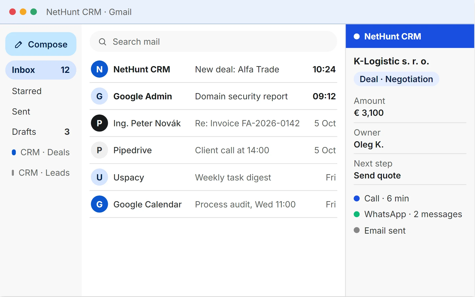 Stylized illustration: NetHunt CRM in Gmail, inbox and the sidebar of the K-Logistic s. r. o. deal worth €3,100, negotiation stage