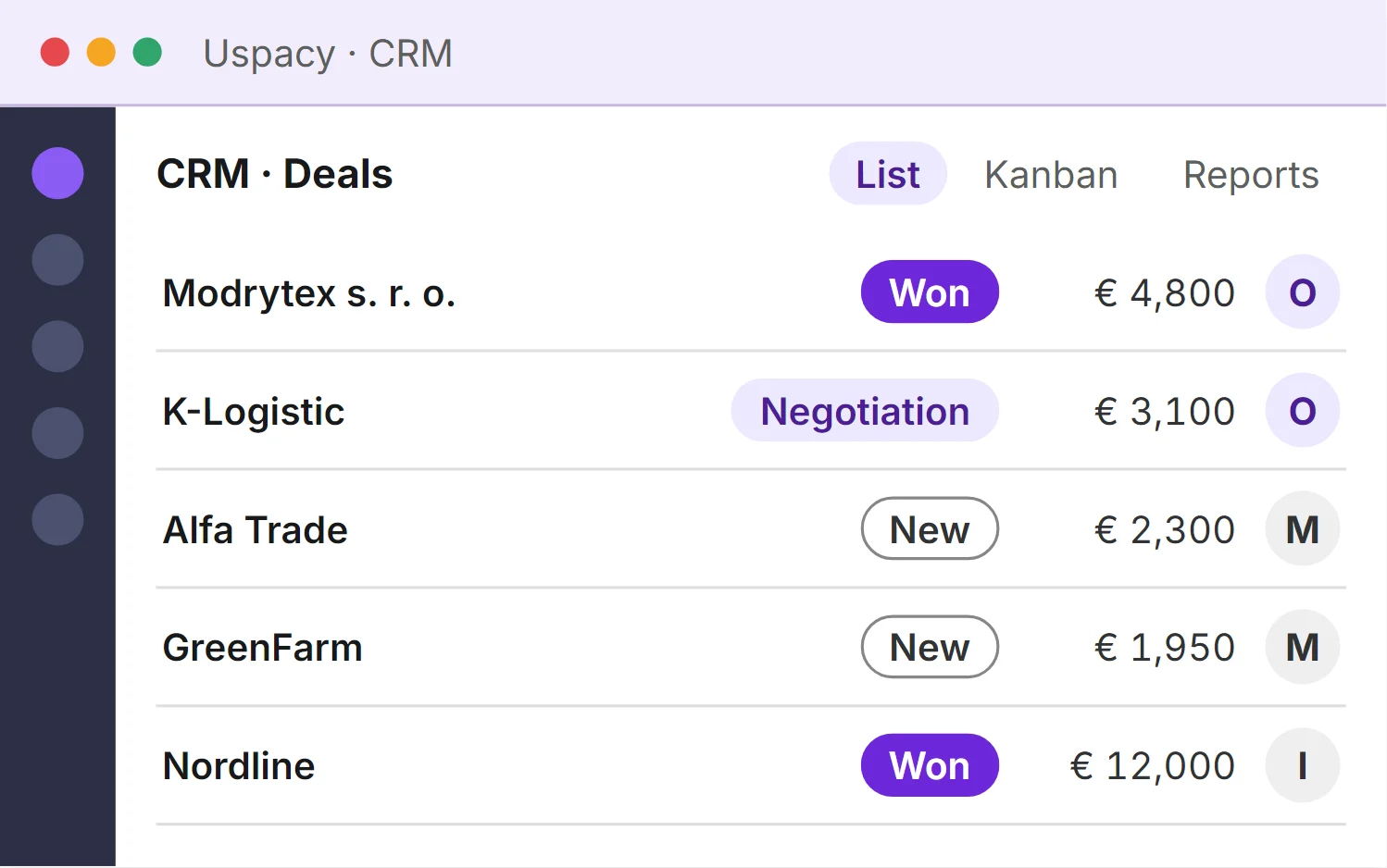 Stylized illustration: Uspacy CRM, deal list: Modrytex s. r. o. and Nordline won, K-Logistic in negotiation, Alfa Trade and GreenFarm new