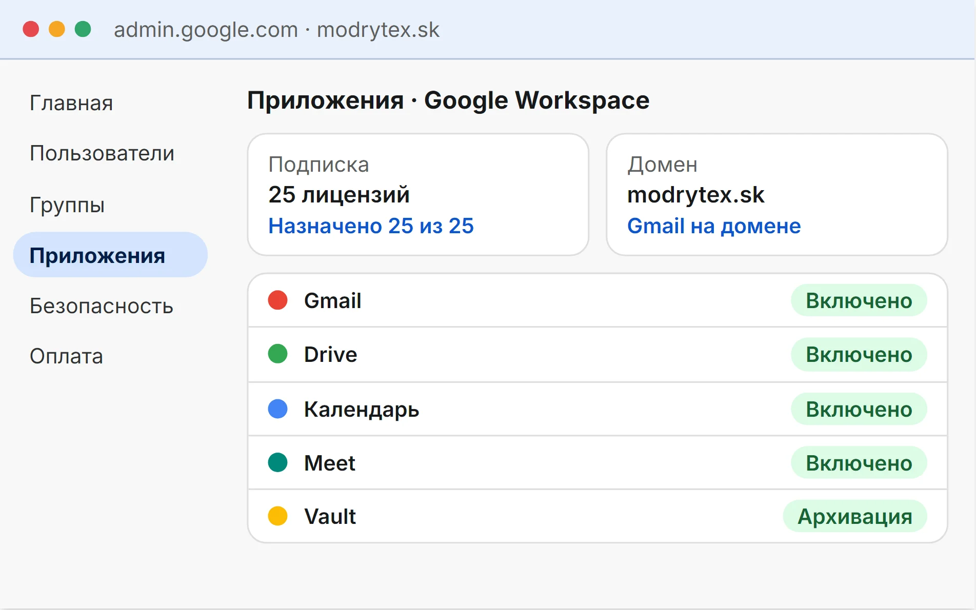Стилизованная иллюстрация: консоль Google Admin домена modrytex.sk, 25 лицензий Google Workspace, включены Gmail, Drive, Календарь, Meet и Vault