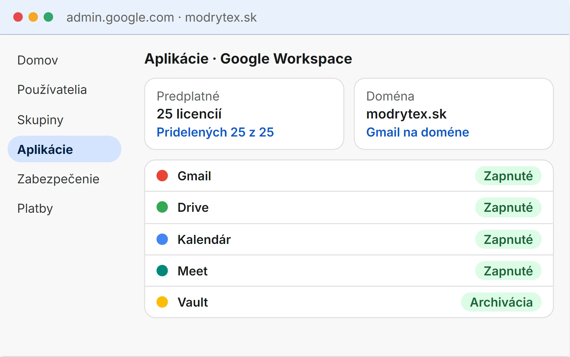 Štylizovaná ilustrácia: konzola Google Admin pre doménu modrytex.sk, 25 licencií Google Workspace, zapnuté Gmail, Drive, Kalendár, Meet a Vault