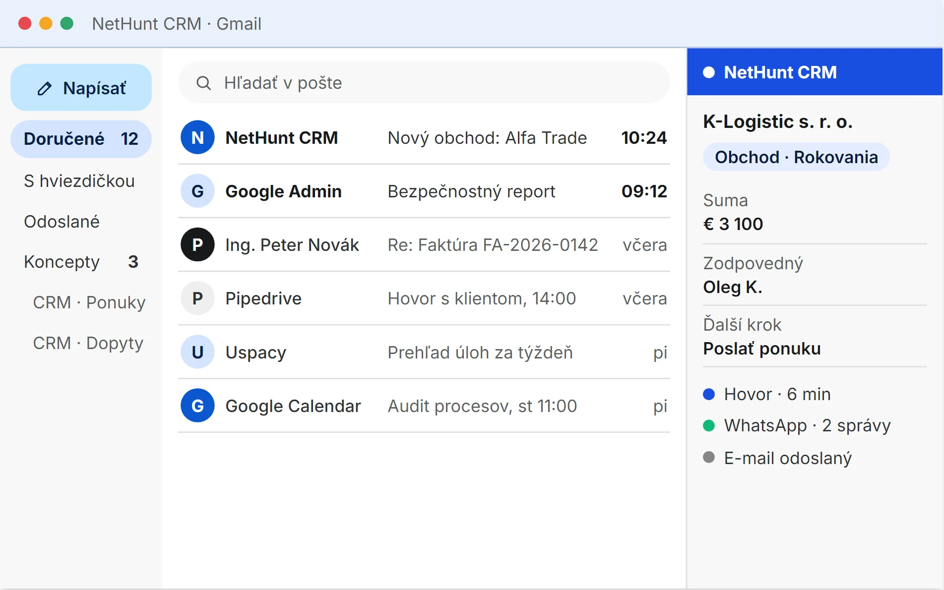 Štylizovaná ilustrácia: NetHunt CRM v Gmaile, doručená pošta a bočný panel obchodu K-Logistic s. r. o. na 3 100 eur vo fáze rokovania