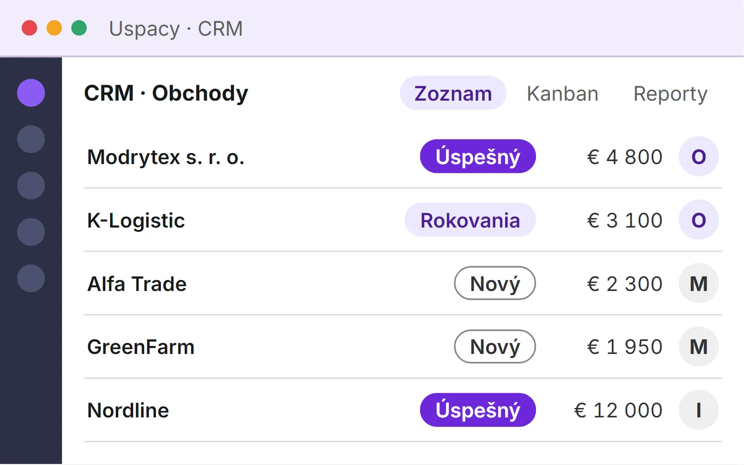 Štylizovaná ilustrácia: Uspacy CRM, zoznam obchodov: Modrytex s. r. o. a Nordline úspešné, K-Logistic v rokovaní, Alfa Trade a GreenFarm nové