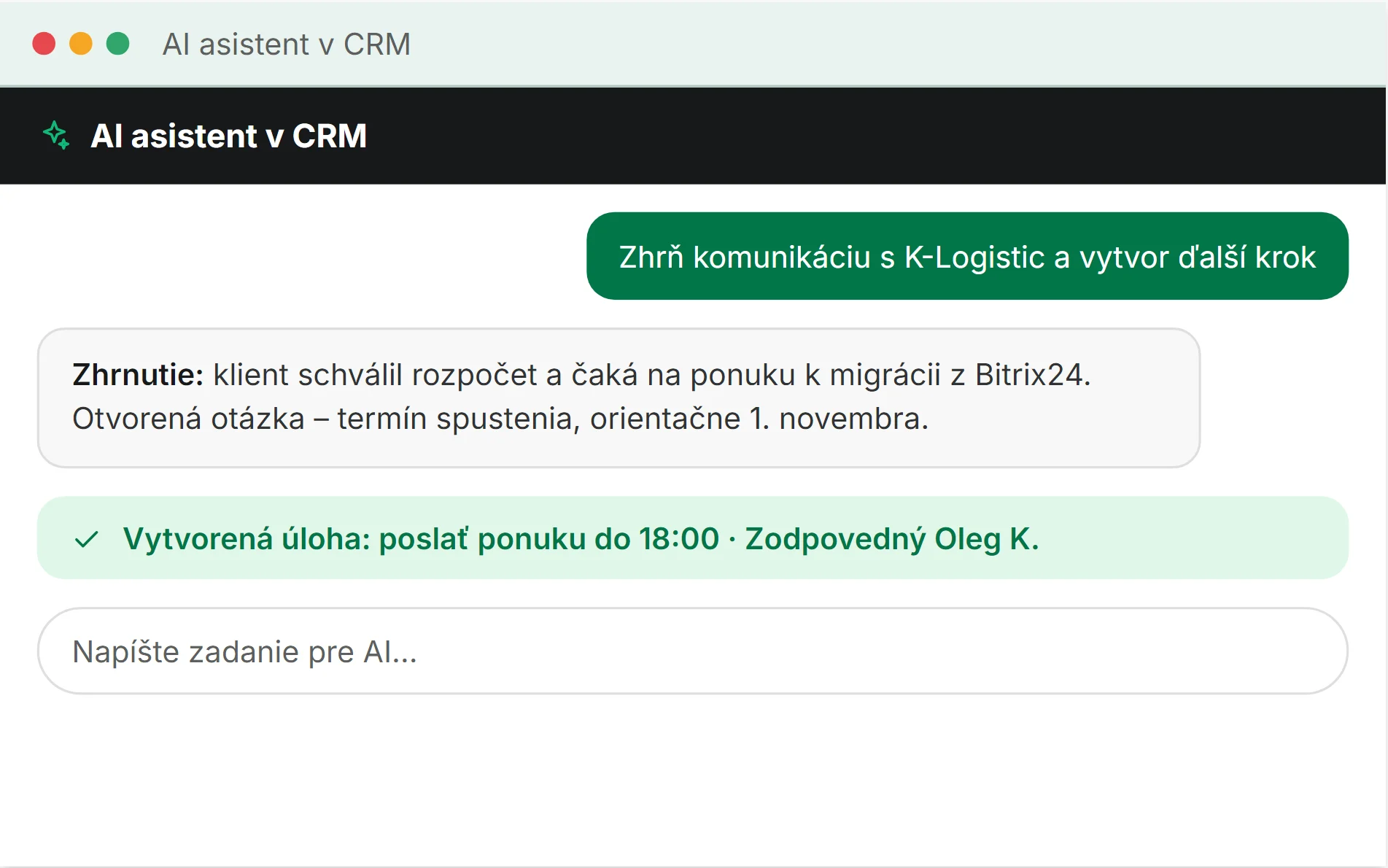 Štylizovaná ilustrácia: AI asistent v CRM zhrnie komunikáciu s K-Logistic a vytvorí úlohu poslať cenovú ponuku