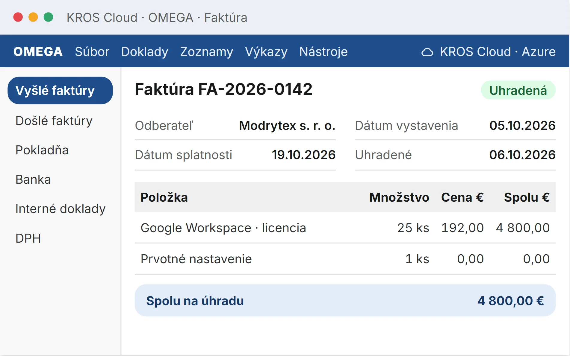 Стилізована ілюстрація: KROS Cloud, програма OMEGA, рахунок FA-2026-0142 для Modrytex s. r. o. на 4 800 євро, оплачено 6 жовтня